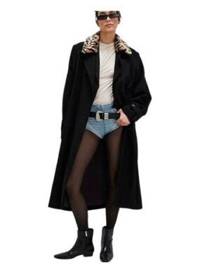 Free People Black Oversized Trench Coat Faux Fur Leopard Print Collar Size Large